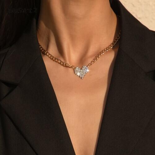 IngeSight.Z Korean Elegant Rhinestone Love Heart Choker Necklace Minimalist Gold Color Short Clavicle Necklace for Women Jewelry