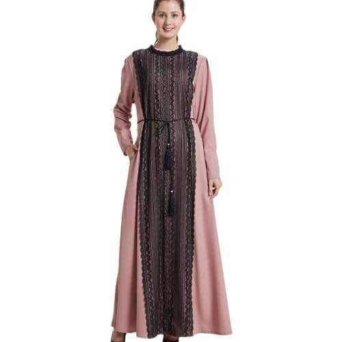 Factory direct f8868-1 sells Malaysia Abaya dubai Middle East Turkey Arab Muslim Malaysia lace embroidered robe with belt to sho