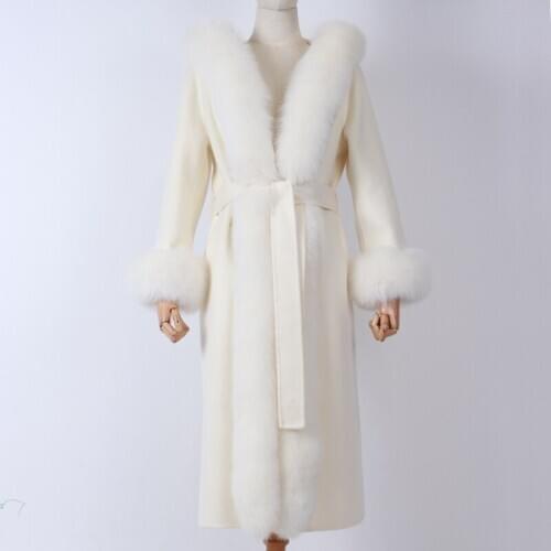 Womens Real Fox Fur Collar Wool Coat Fashion Cashmere Winter Overcoats Top Quality Long Fur Jackets
