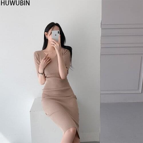 New Summer Womens Middle Sleeve Buttocks Hepburn Double V-Neck Slim Temperament Medium Length Knitting Fashion Elegant Dress