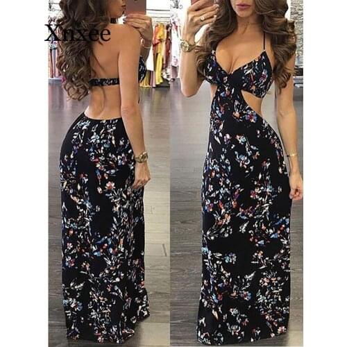 Beach sexy Fashion Women Summer Sexy Backless Deep V-Neck Vintage Boho Long Maxi Evening Party Beach Dress Floral Print Sundress