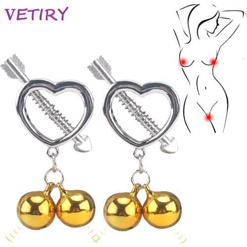 1 Pair Nipple Clamps with Bell Metal Breast Labia Clips Nipple Stimulator Teaser Heart Shape Adult Games Sex Toy for Women