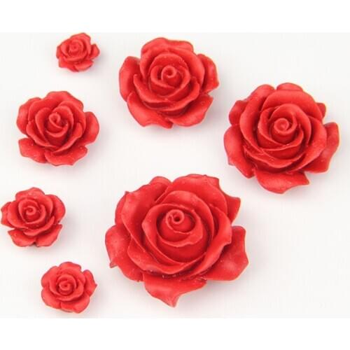 5pcs Red Rose Flower Resin Beads Cabochon Cameos Vintage Chinese Style Handmade Loose Beads For DIY Jewelry Making Findings