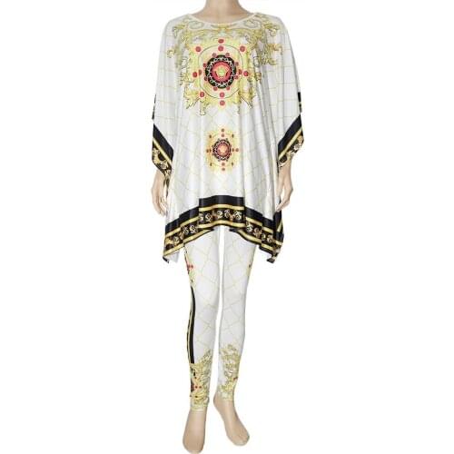 Two Piece Set African Clothing Women Printed O Neck Pullover Knitted Long Tops And Stretch Pants Suit Casual Work White Outfits