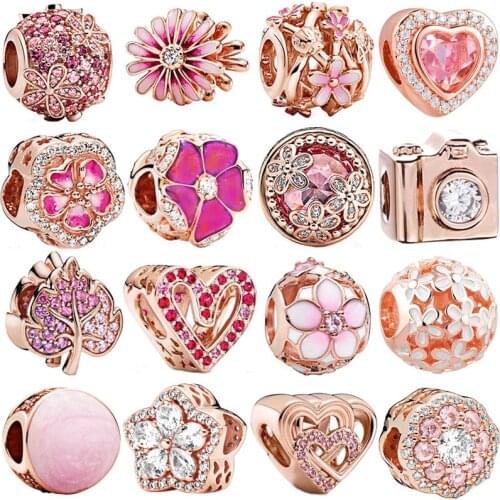 Beauty Rose Gold Flower 925 Sterling Silver Clip Charm Pendant Bead Fit Women Charm Bracelet Bangle Necklaces Jewelry Girl Gift