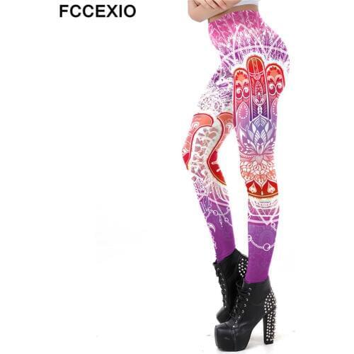 FCCEXIO Fashion Lotus Flower Printing Workout Leggings For Women Slim Mandala Hamsa Hand Printed Pants Suitable Sporting Legins