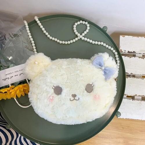 Cute Lolita Plush Doll Bear Messenger Bag Girls Sweet Phone Purse Bow Pearl Chain Shoulder Bags Autumn Winter JK Toy Coin Bag