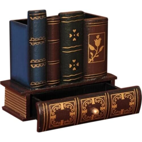Multifunction Retro Wooden Pen Holder Book Shape Wood Craft Home Decor Pencil Desktop Storage Box Drawers Stationery Holder Gift