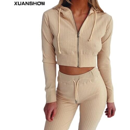 XUANSHOW Autumn Tracksuit Women Stripe Sexy Long Sleeve Crop Top Sweatshirt+Pants Sportwear Clothing Suits Female Chandal Mujer
