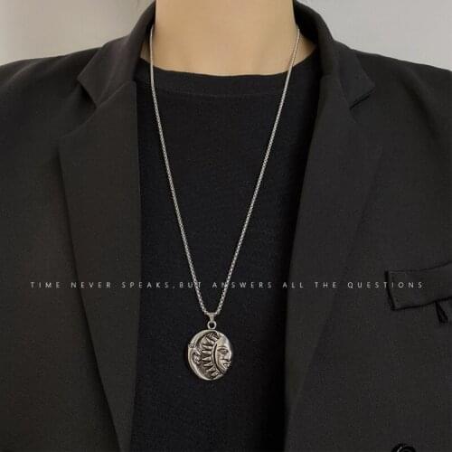 Personalised Hip Hop Sun and Moon Round Titanium Necklace for Men and Women Vintage Planet Sun Moon Smiley Face Pendant