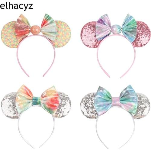 10pcs/lot Candy Sequins Mouse Ears Hairband For Women Girls Macaroon Sequin Bow Ears Headband Kids Birthday Party Hair Accessory