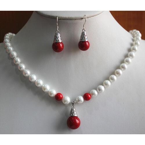 Prett Lovely Womens Wedding 2 styles for choosing! 8mm white/red/orange shell pearl necklace+14mm earrings and pendant jewelry