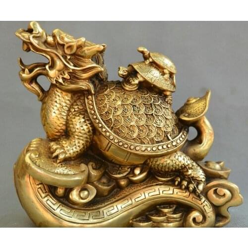 Collect Chinese fengshui old bronze Dragon turtle ruyi yuanbao auspicious statue