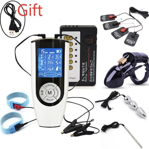 Electric Shock CB6000 Chastity Device Cock Cage For Man,Electro Anal Plug Penis Ring Catheter Chastity 2 Pcs Power Box Sex Toys