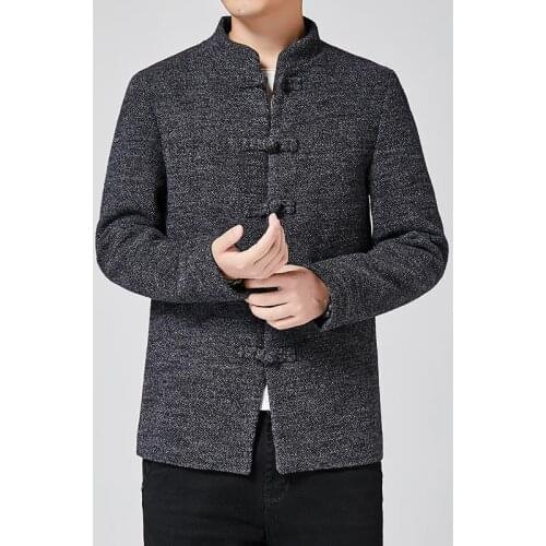 Windbreaker Mens Chinese Style Coat Autumn Winter New Men Jacket Slim Fitting Standing Collar Cashmere Coat Mens Wool Cardigan