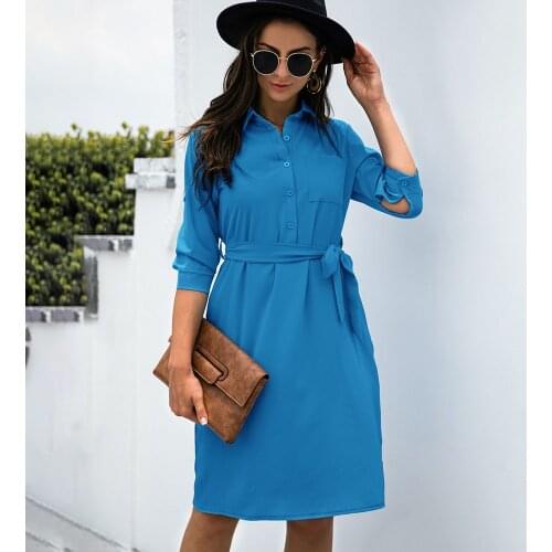 Vintage Casual Half Sleeve Shirt Dress Women Turn-down Collar Button Pocket A-line Dress 2021 Autumn Fashion Office Lady Dresses