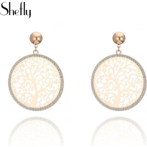 Shefly Tree Of Life Crystal Drop Earrings For Women Vintage Big Hollow Round Tree Gold Earrings Party Jewelry Wholesale