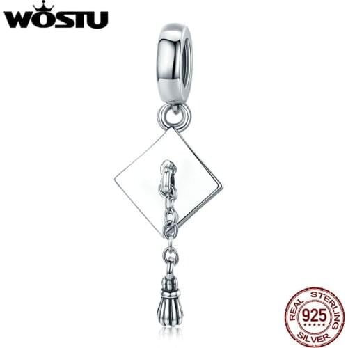 WOSTU Popular 925 Sterling Silver Graduate Trencher Cap Long Tassel Pendant Charm fit Women Bracelet DIY Jewelry Gift CQC459
