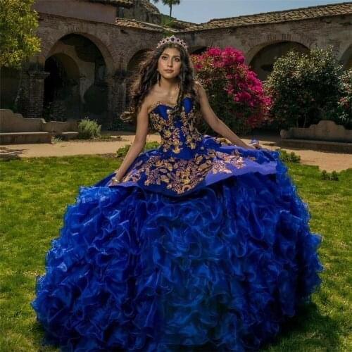 Custom Made Royal Blue Beaded Ball Gown Princess Quinceanera Dress Beaded Gold Lace Party Sweet 16 Gown Vestidos De 15 Años 2022