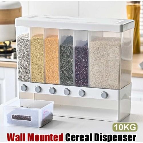 10KG Wall Mounted Divided Rice and Cereal Dispenser 6 Moisture Proof Plastic Automatic Racks Sealed Food Storage Box