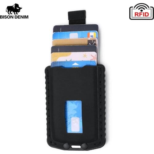 BISON DENIM Slim Mini Men card holders wallet PU Leather Vintage Rfid Protection Credit Card Case male purse QB022-8012