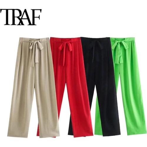 TRAF Women Fashion Darts Detail Soft Touch Wide Leg Pants Vintage High Elastic Waist With Drawstring Female Trousers Mujer