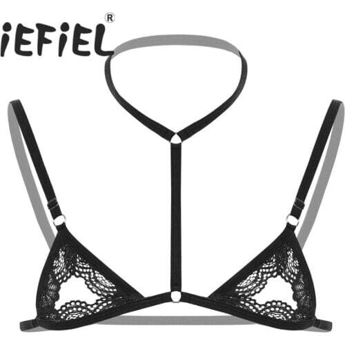 Mens Erotic Sissy Underwear Bra Lace Lingerie Halter Neck Adjustable Spaghetti Straps Wire-free Unlined Mini Bra Tops Sexy Bra