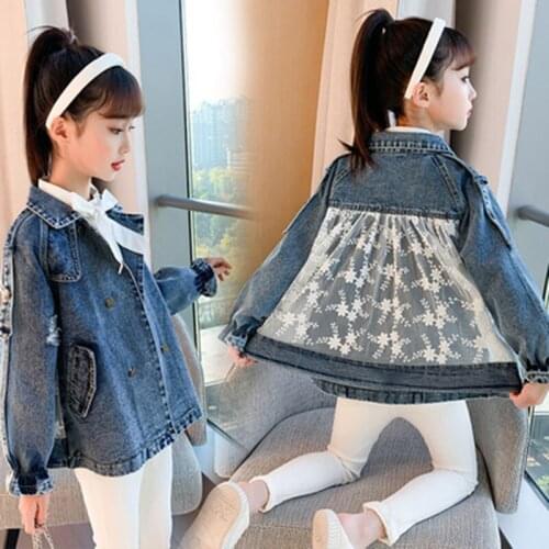Spring/Autumn Girls Denim Jacket Korean Outerwear Childrens Clothing Kids Coats for Girls Lace Mesh Stitching Jacket 4-12 Years