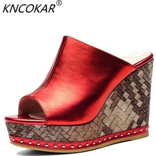 KNCOKAR 2018 "Fashion cool and thick bottom slope and inside and outside whole leather leisure leather sandals super heel"