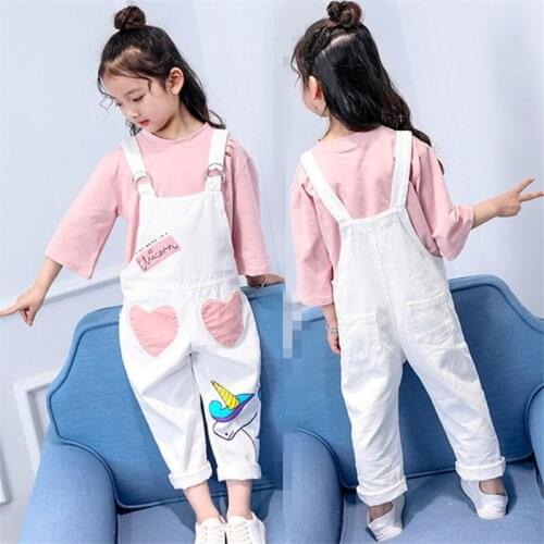 Summer Girls Pants White Bib Overalls Denim Jumpsuit New Baby Girls Cartoon Patch Braces Comfortable Childrens Clothes Rompers