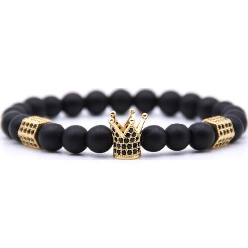 Crown bracelet black matte stone beads man bracalete woman accessories men hand bands for heren armband mens bileklik erkek