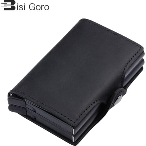 BISI GORO RFID Wallet Aluminum Unisex Crazy Horse Leather 2 Metal Credit Card Holder Wallet Genuine Leather Credit Card Holder