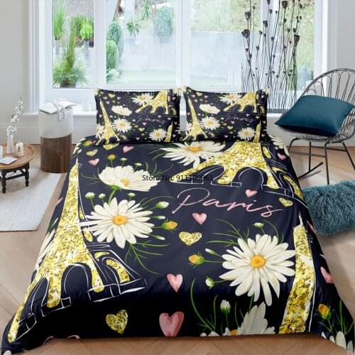 Fashion Pink Yellow 3d Duvet Cover Pillowcase Paris Tower Flowers Pattern Luxury Comfortable Bedding Set Single/Twin/Queen/King