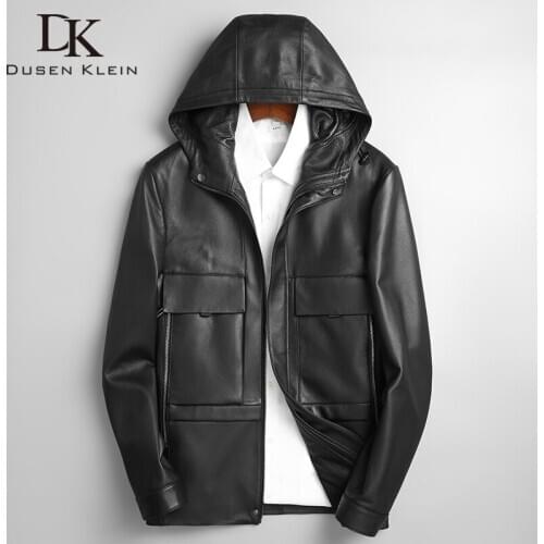 2020 Autumn New Men Genuine Leather Jacket Real Sheepskin Jackets Casual Short Black Pockets Hooded Jacket for Man S2009