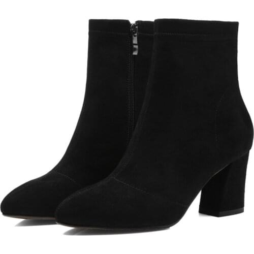 Big Size 9 10 11 12 Pure-coloured thick-heeled zipper boots with pointed suede