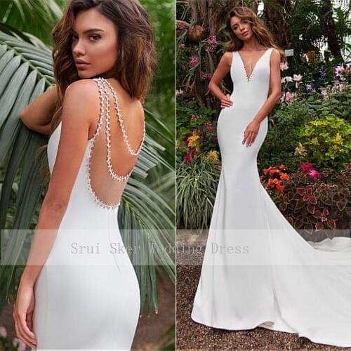 Stunning Tulle & Satin V-neck Neckline Mermaid Wedding Dress With Beadings Illusion Back Court Train Bridal Robe De Mariage