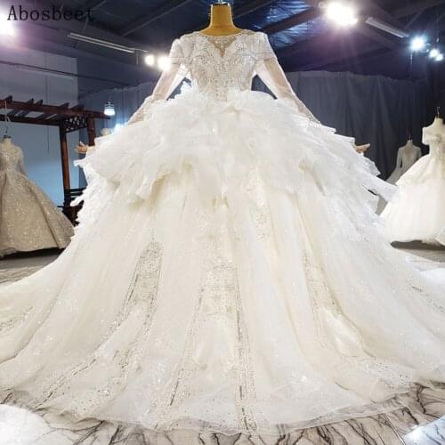 Luxury Beads Top Long Sleeve Wedding Dress 2021 New Ball Gown Robe Mariee Tiered Style Shining Bridal Gown Lace Up 150CM Train