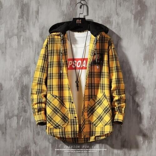 New HIP HOP Streetwear Casual Plaid Shirt Mens Long Sleeve High Quality Cotton Shirts Male Loose T Shirts with Hooded Dropship