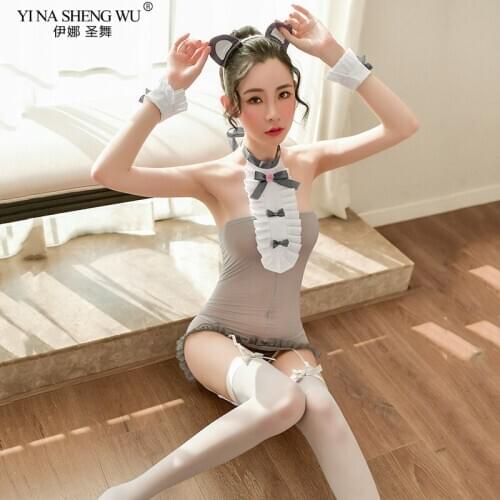 Sexy Costumes Women Cute Bear Maid Cosplay Erotic Babydolls Lingerie Lace See Through Backless Stockings and Headband SetsKawaii