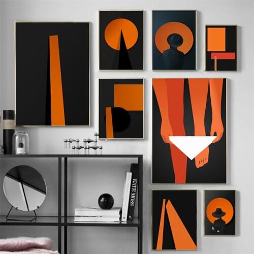 Modern Clip Art Man with Black Hat Canvas Painting Posters Print Black Orange Wall Art Pictures For Living Room Bedroom Aisle