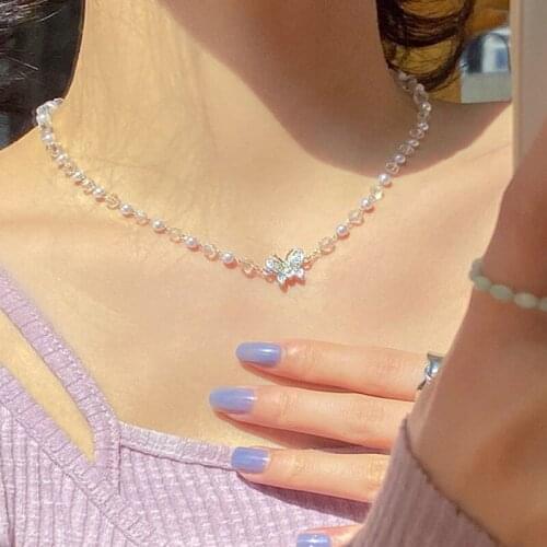 Rhinestone Butterfly Pendant Necklaces for women Crystal Pearl Clavicle Neckalce Korean Statement Fashion Jewelry Wholesale Gift