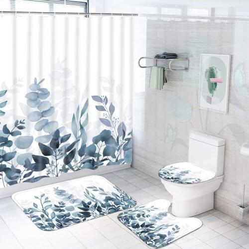 High Quality Blue Plants Waterproof Shower Curtains Fabric Washable Bathroom Curtains Set Decoration Bath Curtains with Hooks