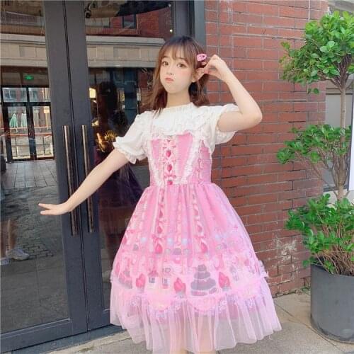 Japanese student sweet lolita dress vintage lace bowknot cute printing victorian dress high waist gothic lolita jsk kawaii girl