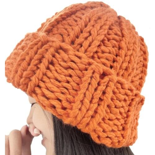 New European Womens Knitted Cap Winter Warming Pure-color Curled Coarse Wool Cap Warming Girls Fashion Cap Knitted couple hat