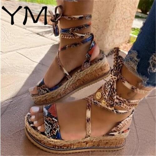 Women Ankle Strap Sandals Snake Platform Heel Peep Toe Lace Up Fashion Summer 2020 Beach Female Ladies Shoes Zapatos De Mujer 43