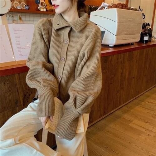Women 2021 Autumn Winter Retro Solid Color Cardigan Coats Female Loose Knitted Jackets Ladies Turtleneck Sweater Outwears D401