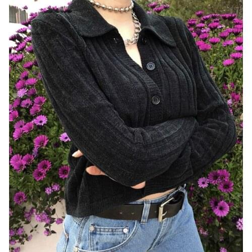 Women Black Vertical Stripes Turn-Down Collar Crop Sweater Women Chenille Knitted Cardigan