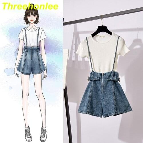 Sweet 2021 Summer Strap Dress Womens Fashion Loose Shoulder Knirred Tops And Denim Strap Loose Dress 2 Pieces Set Girls Suits