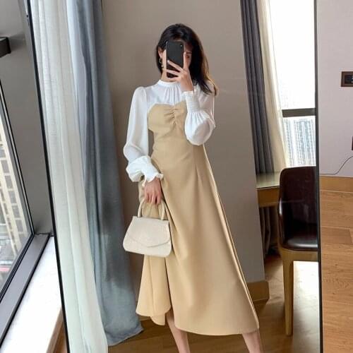 Fall 2021 Office Lady One Piece Dress Korea Casual Elegant Pure Color Midi Dress Women Thin High Waist Party Dress Femme Fashion