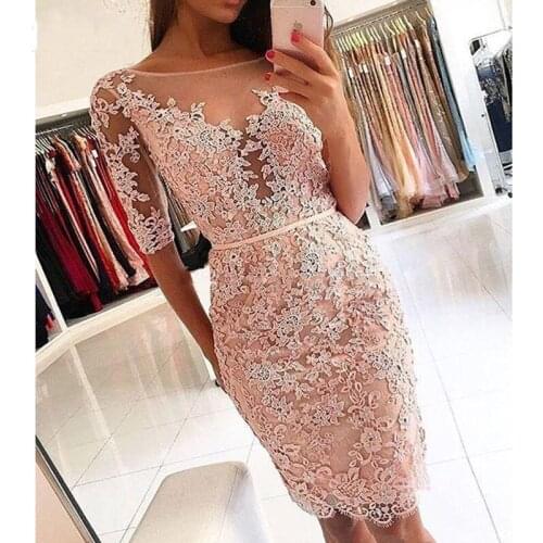 Prom party dresses vestido de noiva sereia gown robe de soiree evening half sleeves short beads lace short frock